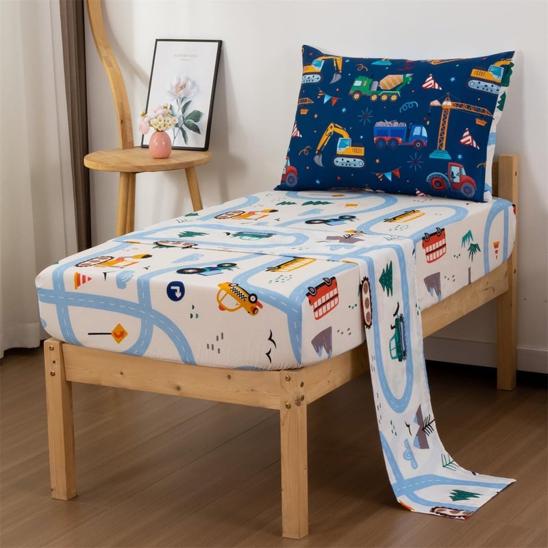 NTBED 4 Pieces Construction Truck Toddler Bedding Set for Baby Boys, Flags Vehicles Excavator Cars Printed, Includes Comforter, Flat Sheet, Fitted Sheet and Pillowcase,Navy - Image 4